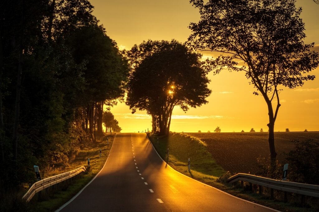 road, sunset, landscape